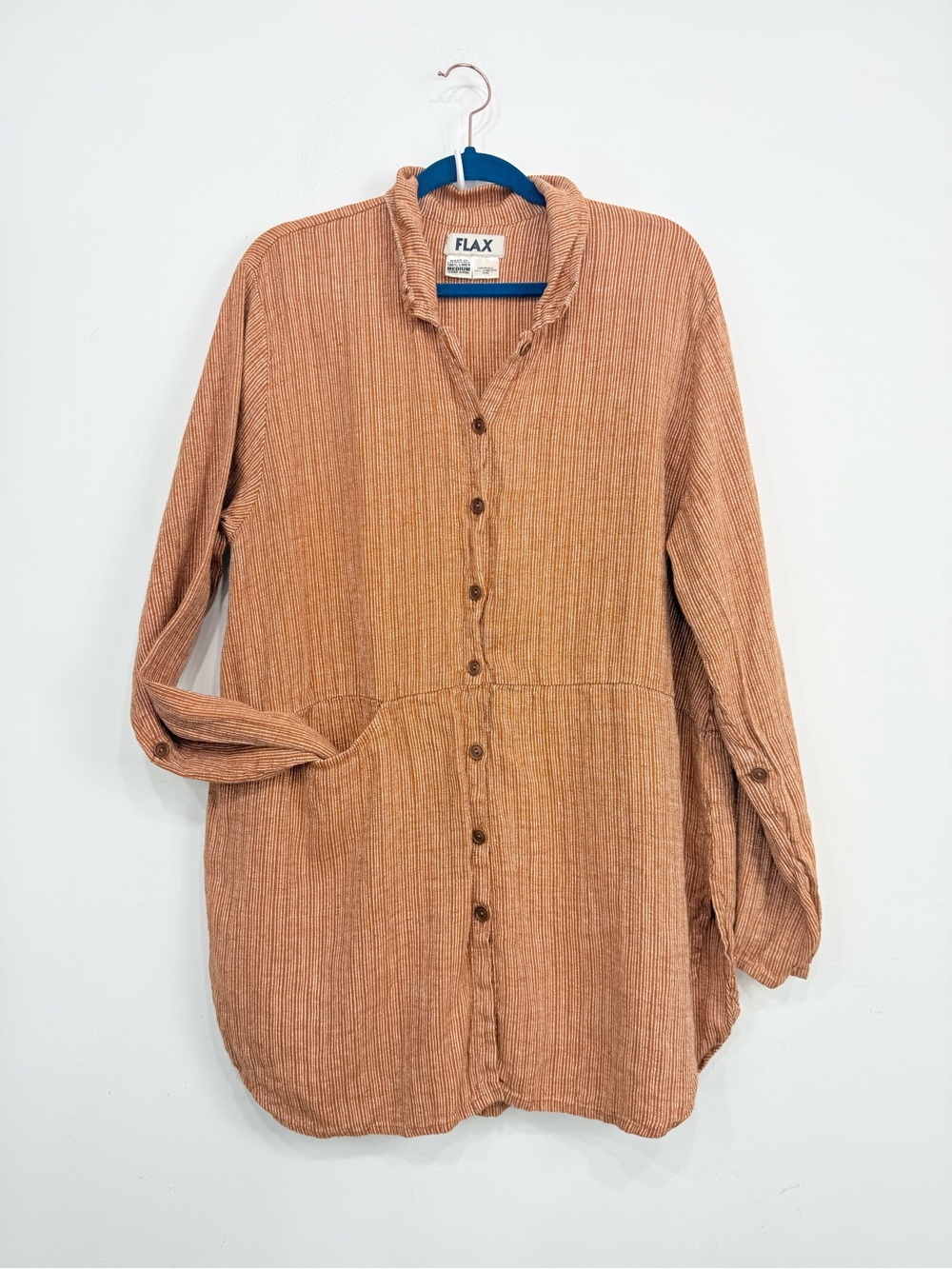 FLAX Autumn Orange Pinstripe 100% Linen Roll Sleeve Button Up Tunic Blouse